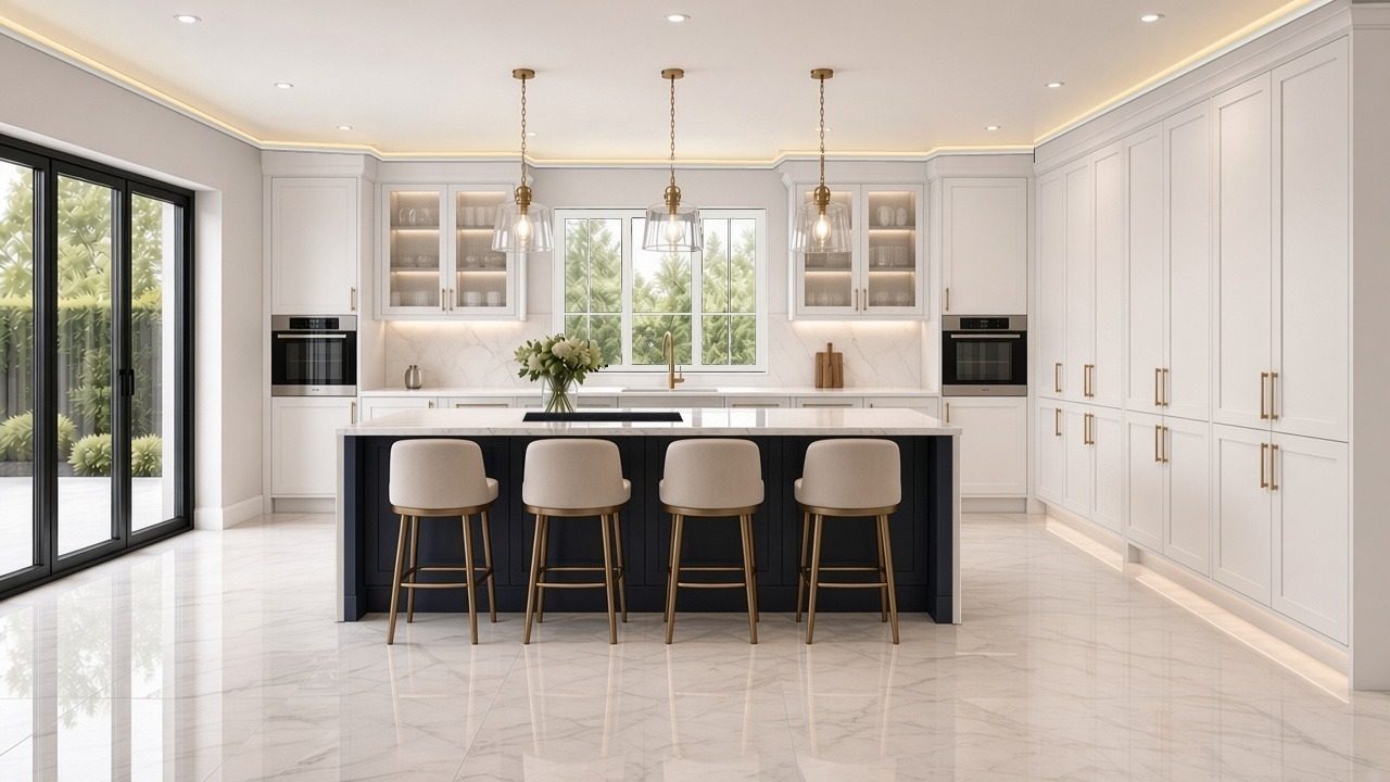 Approved kitchen-family room CGI with navy island