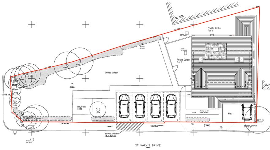 Revised block plan: 5 apartments, no extension, reworked outside areas